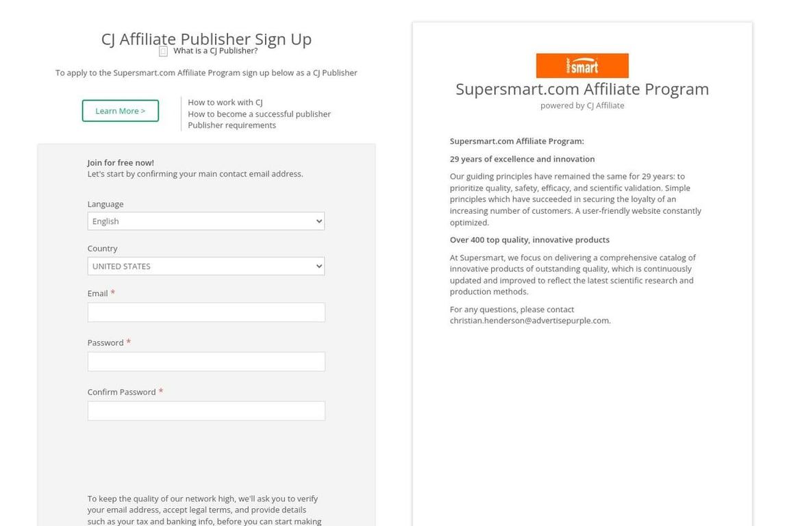Supersmart.com affiliate program signup page