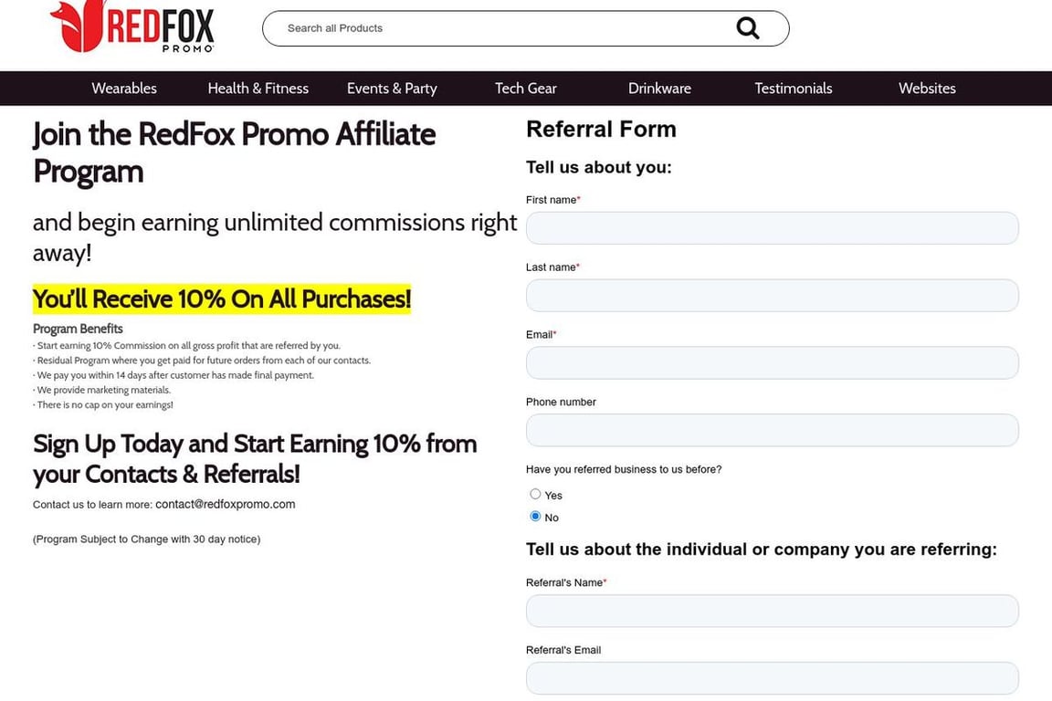 Red Fox Outdoor Equipment affiliate program signup page