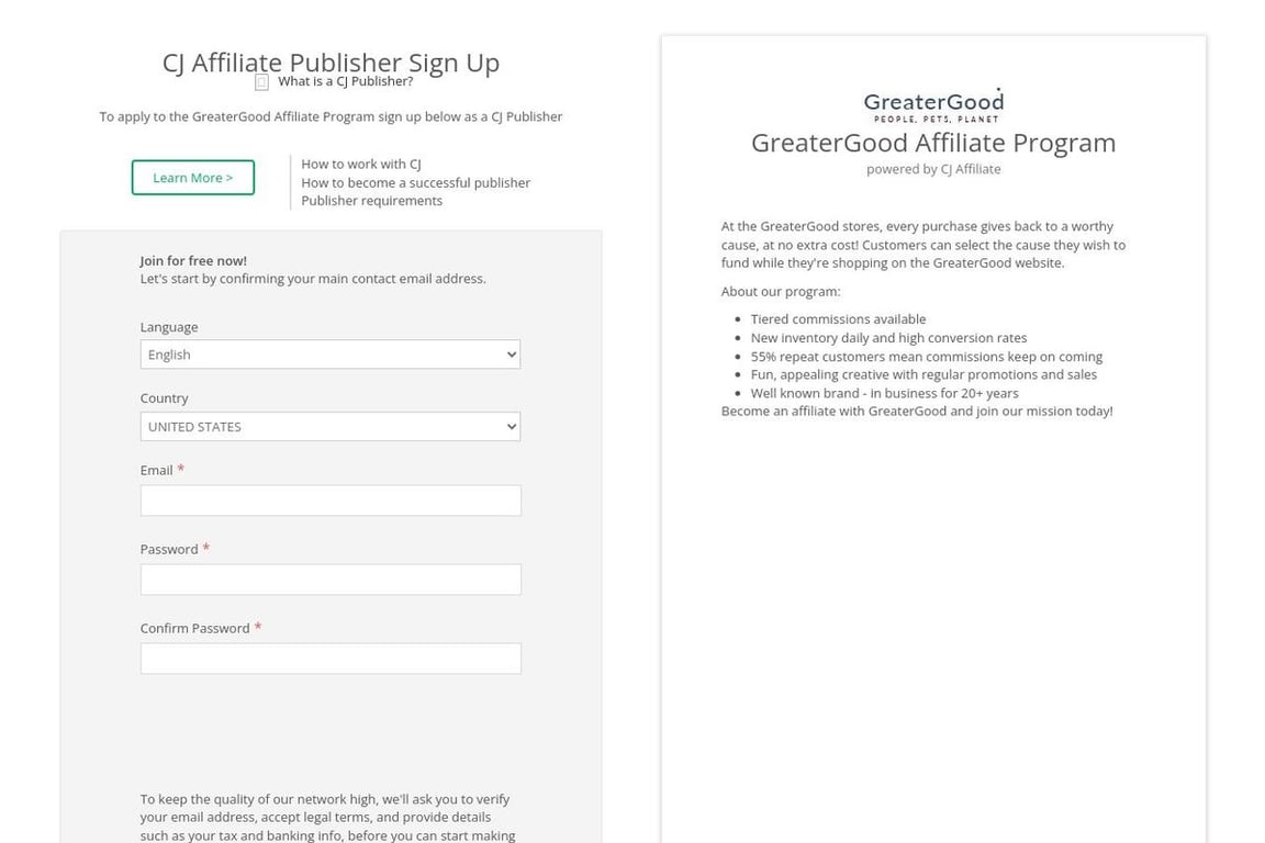 GreaterGood affiliate program signup page