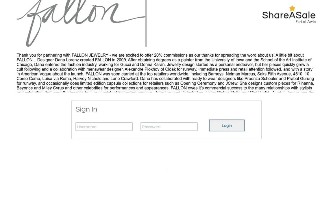 FALLON JEWELRY affiliate program signup page