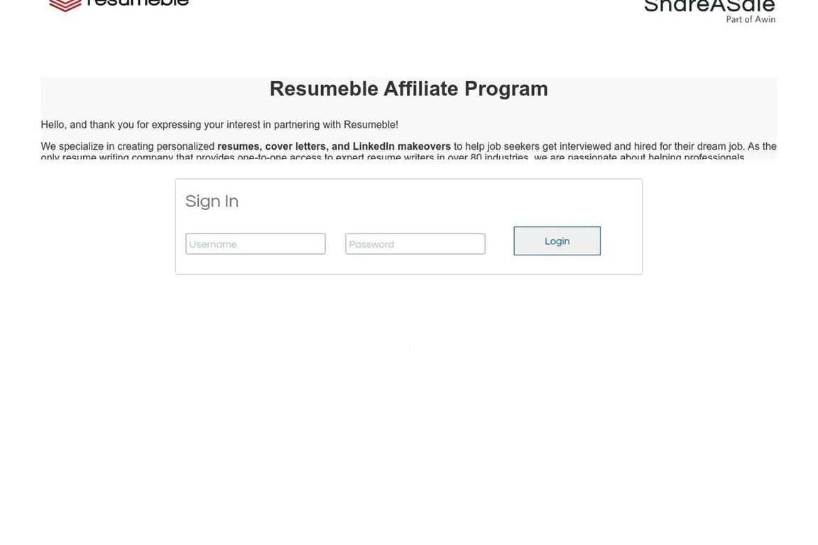 Resumeble affiliate program signup page