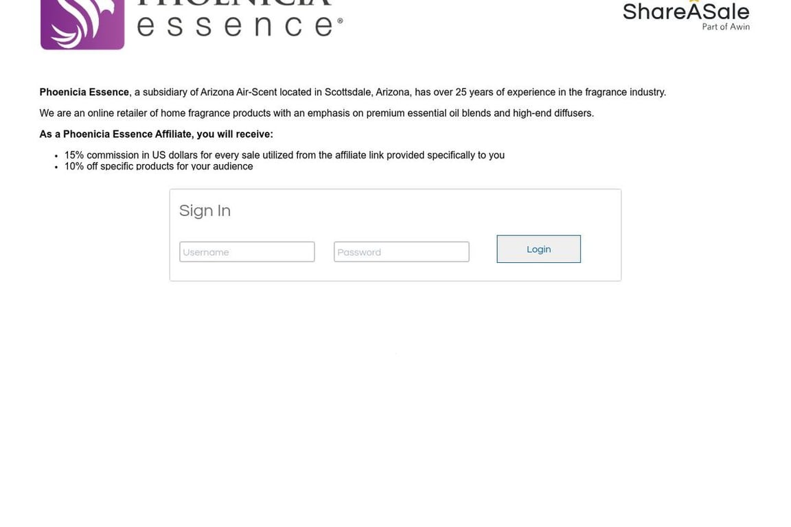 Phoenicia Essence affiliate program signup page