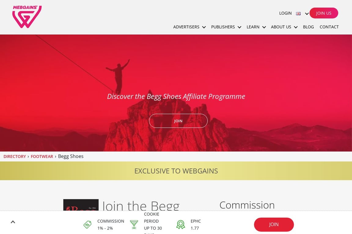Begg Shoes affiliate program signup page