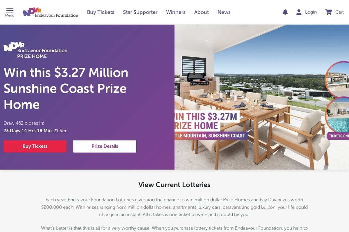Endeavour Lotteries homepage