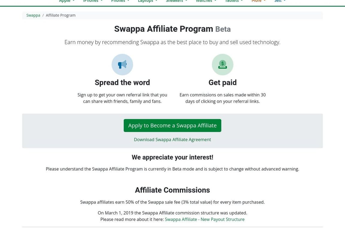 Swappa affiliate program signup page
