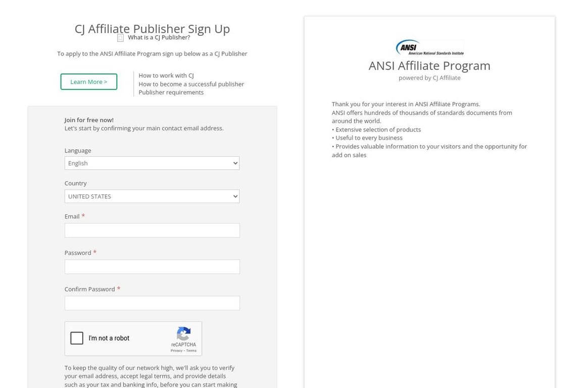 ANSI affiliate program signup page