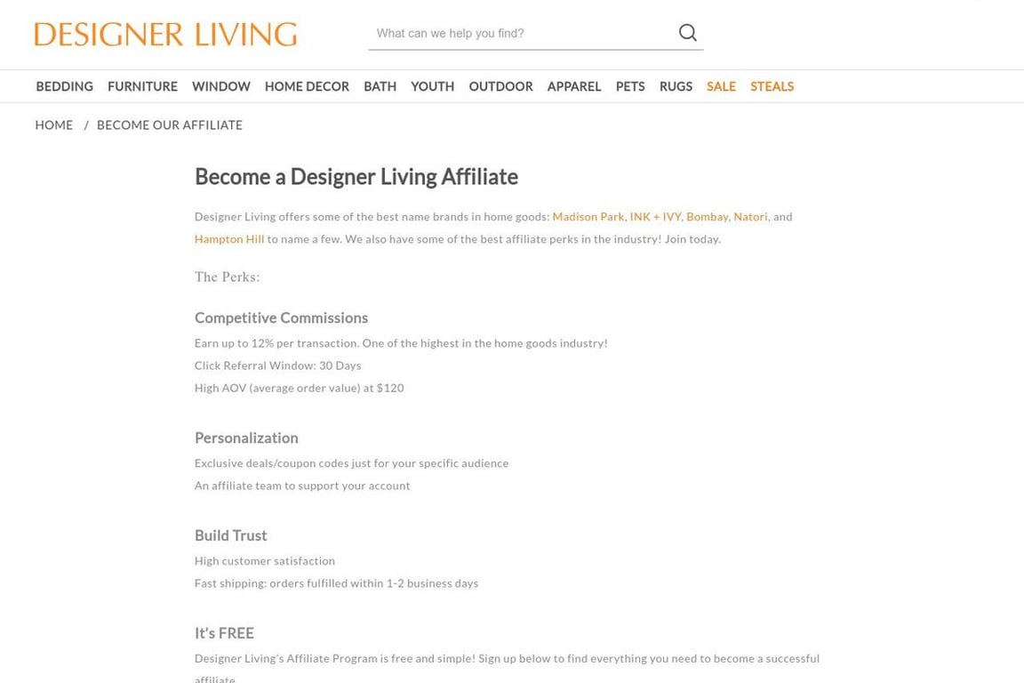 Designer Living affiliate program signup page