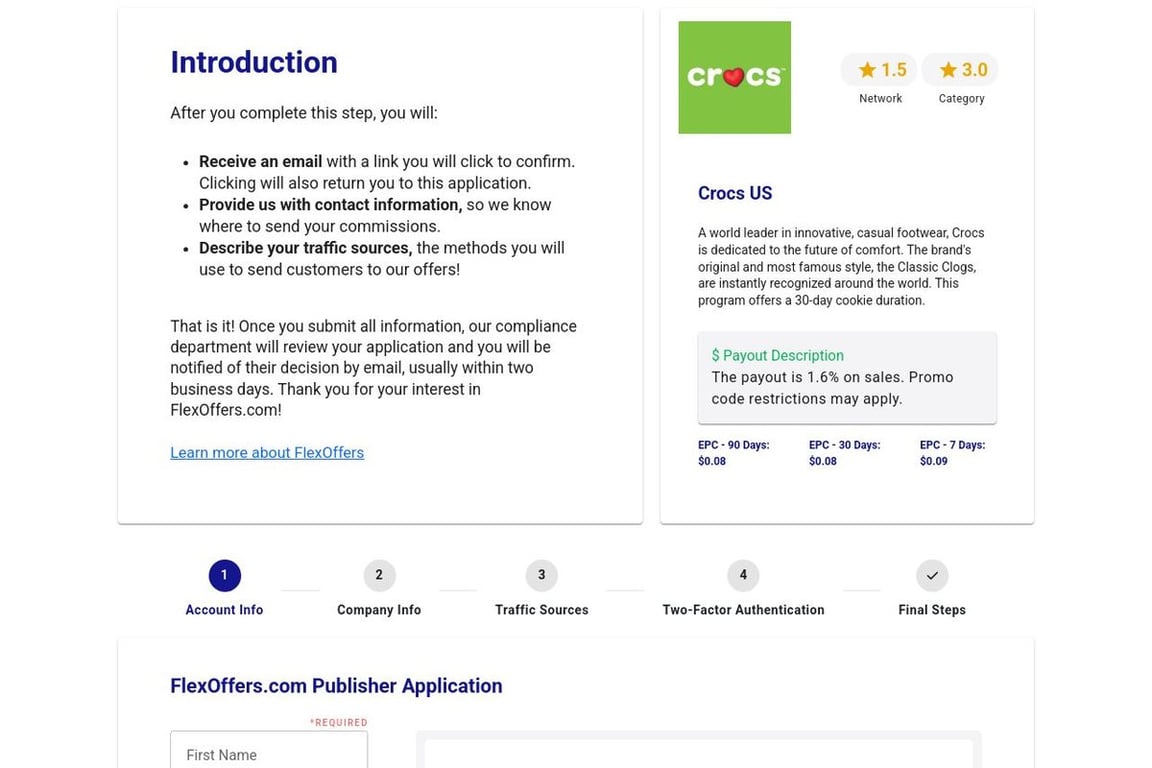 Crocs affiliate program signup page