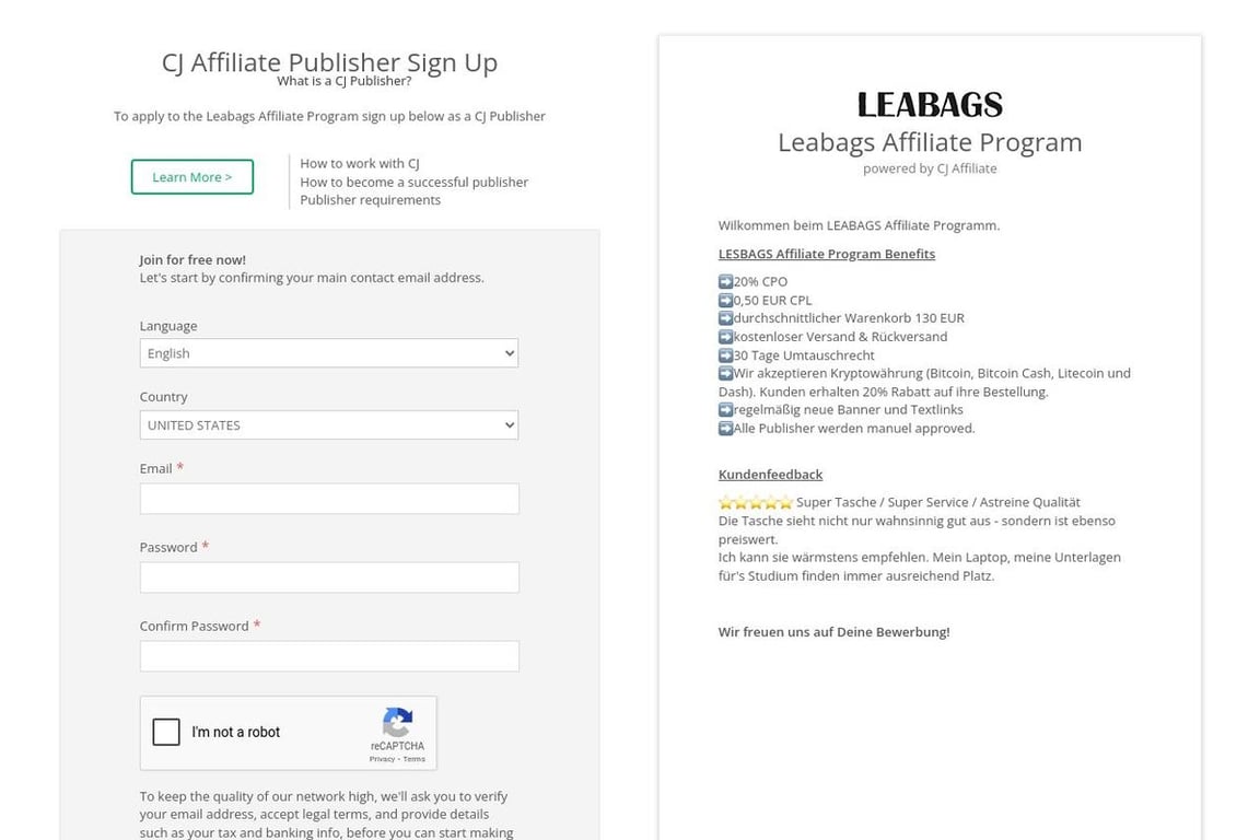 Leabags affiliate program signup page