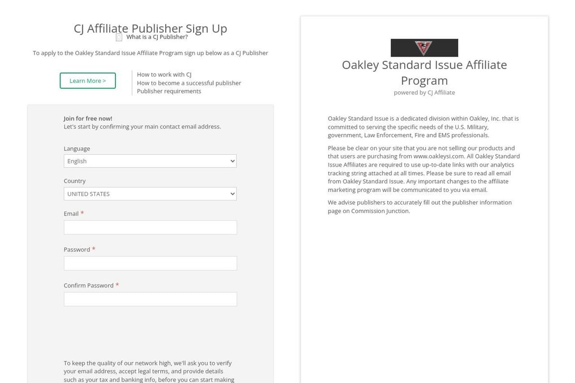 Oakley Standard Issue affiliate program signup page