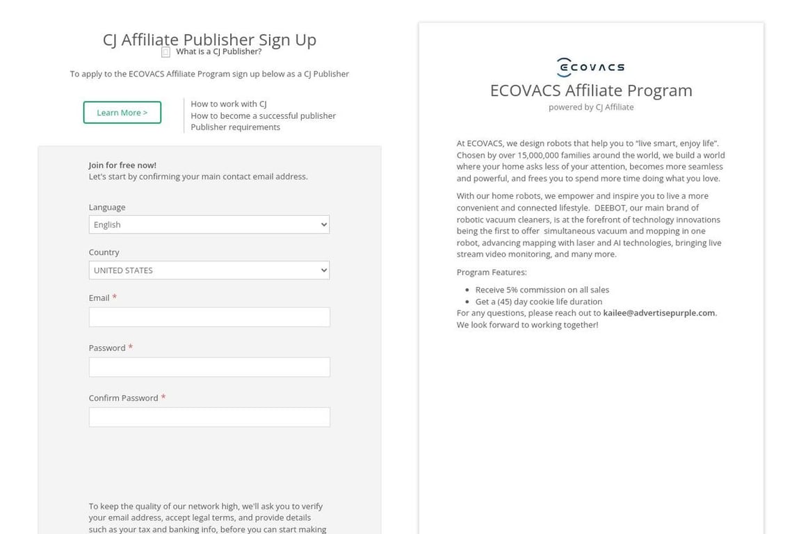 ECOVACS affiliate program signup page