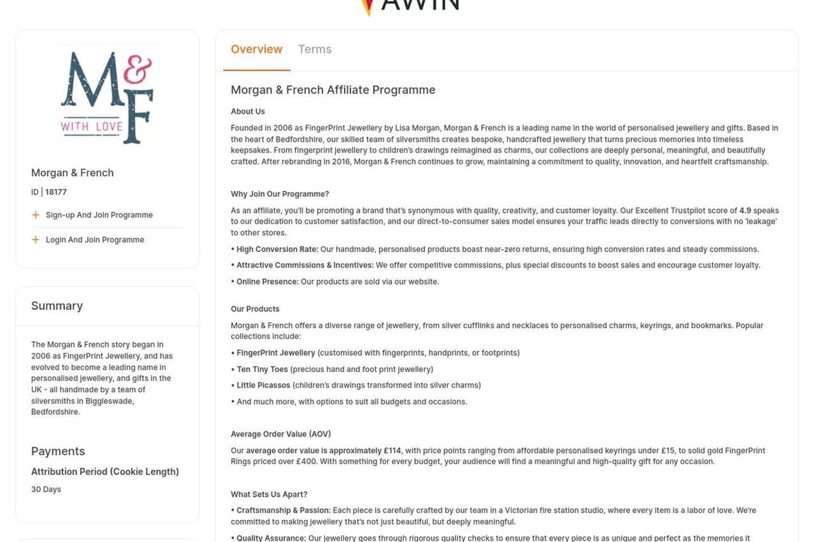 Morgan & French UK affiliate program signup page