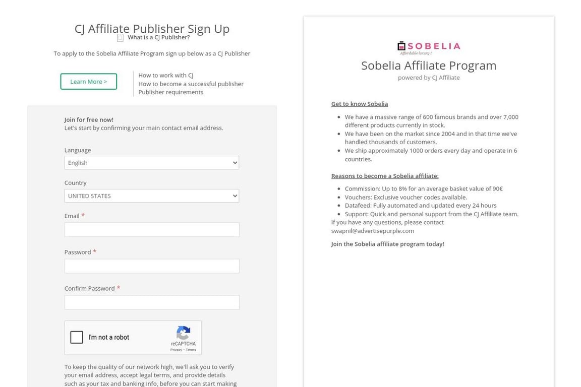 Sobelia affiliate program signup page
