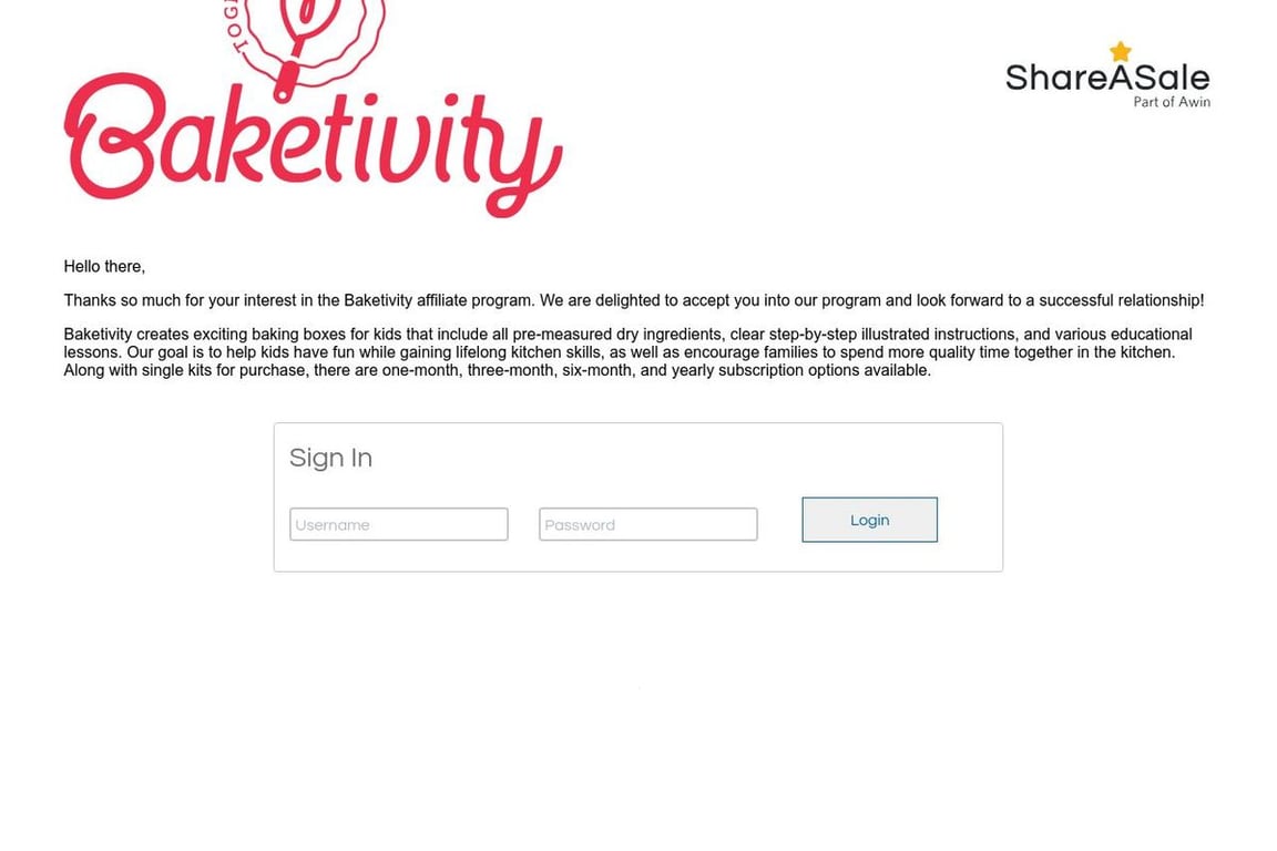 Baketivity affiliate program signup page
