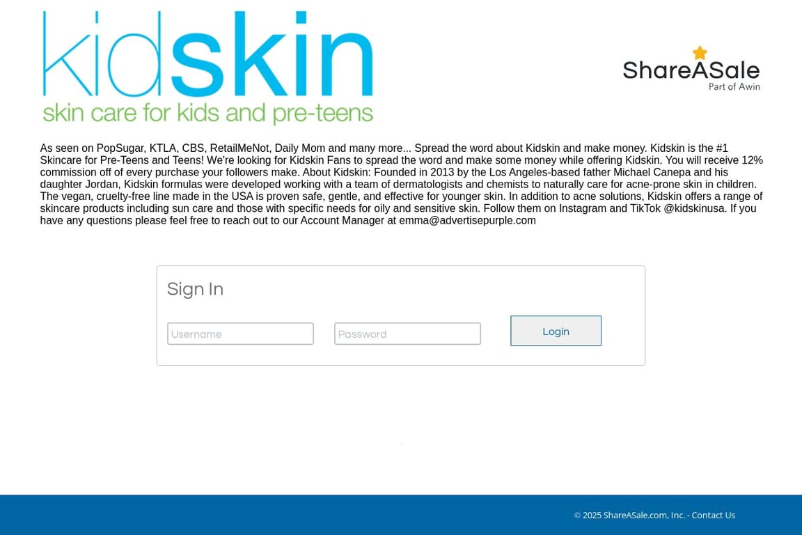 Kid Skin affiliate program signup page