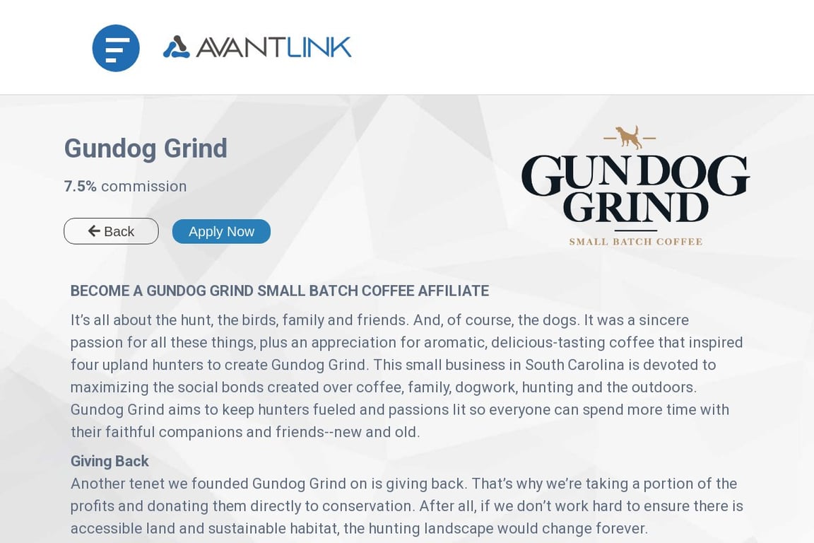 Gundog Grind affiliate program signup page