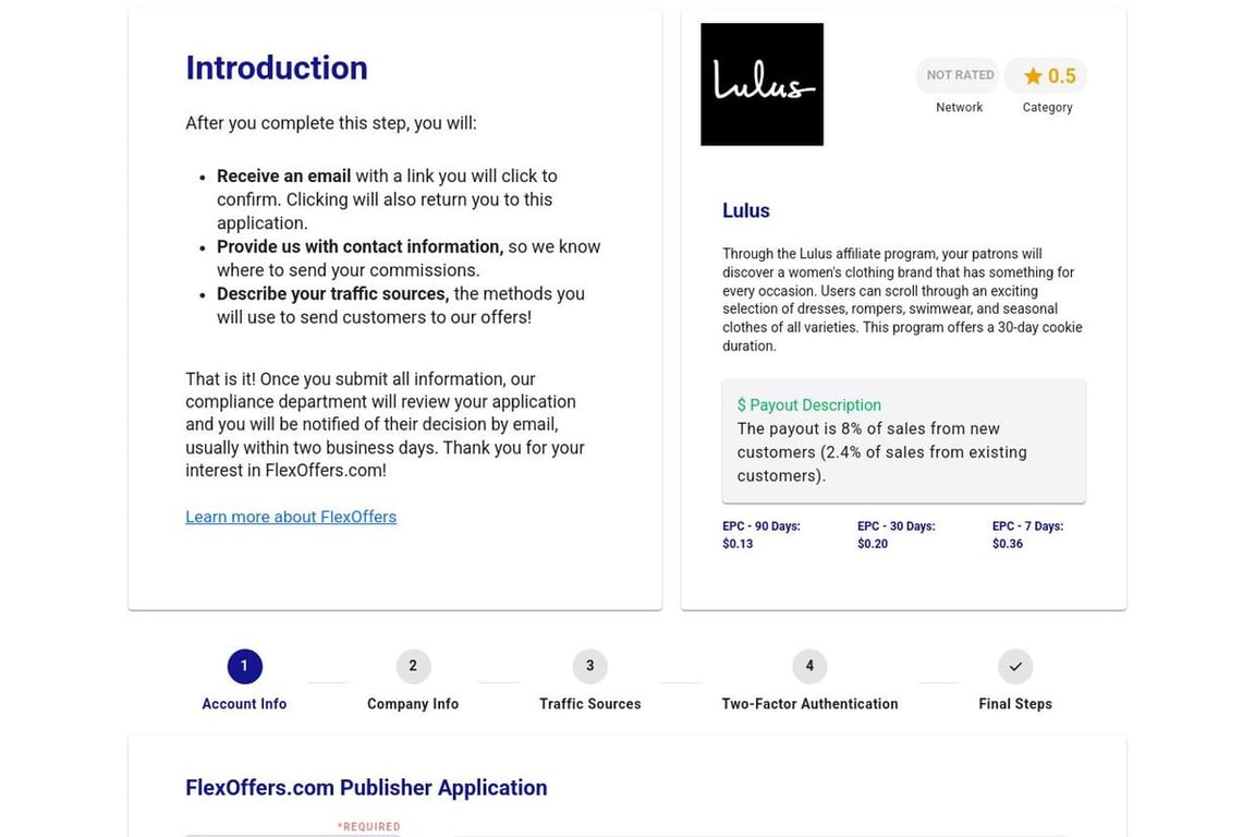 Lulus affiliate program signup page