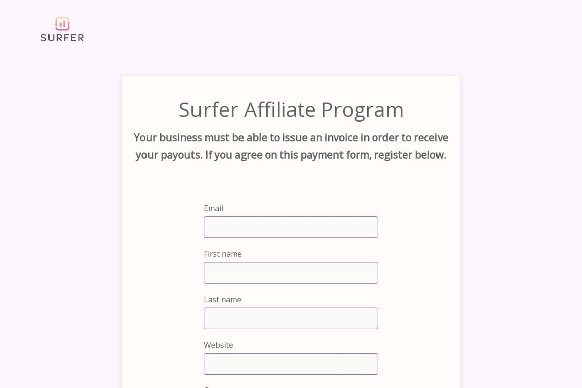 Surfer SEO affiliate program signup page