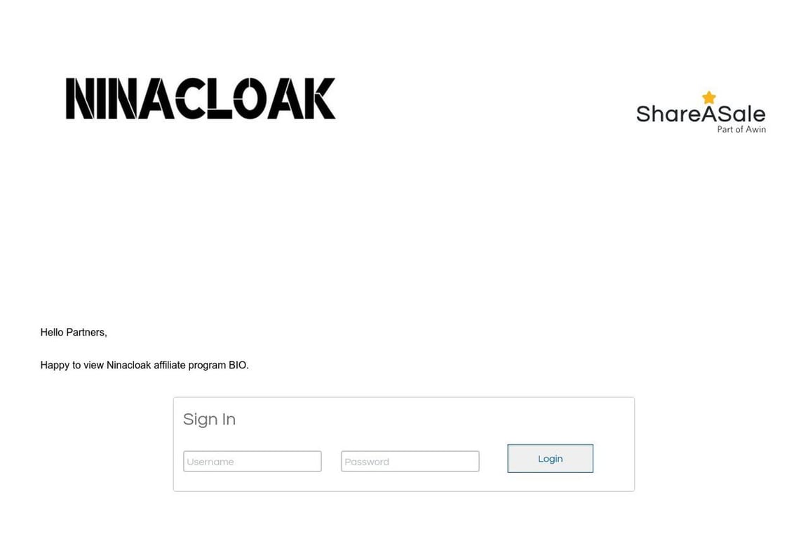 Ninacloak Inc affiliate program signup page