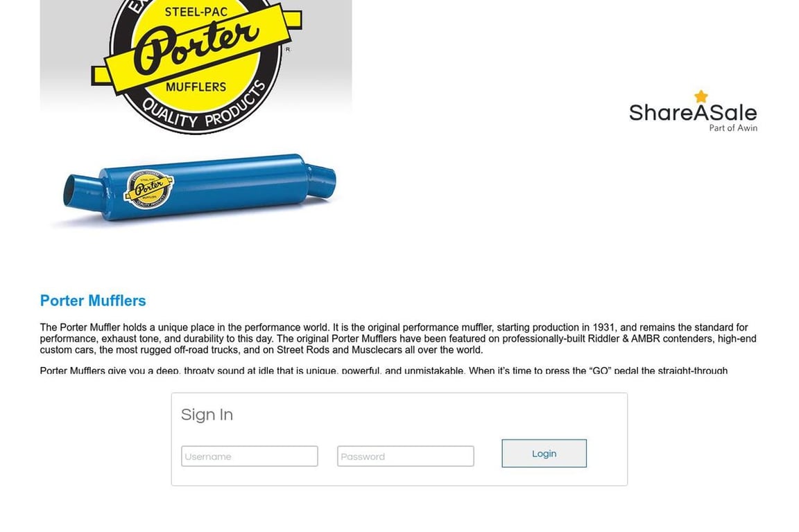 Porter Muffler affiliate program signup page