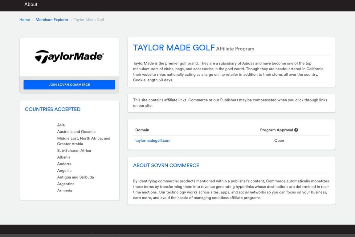 TaylorMade Golf affiliate program signup page