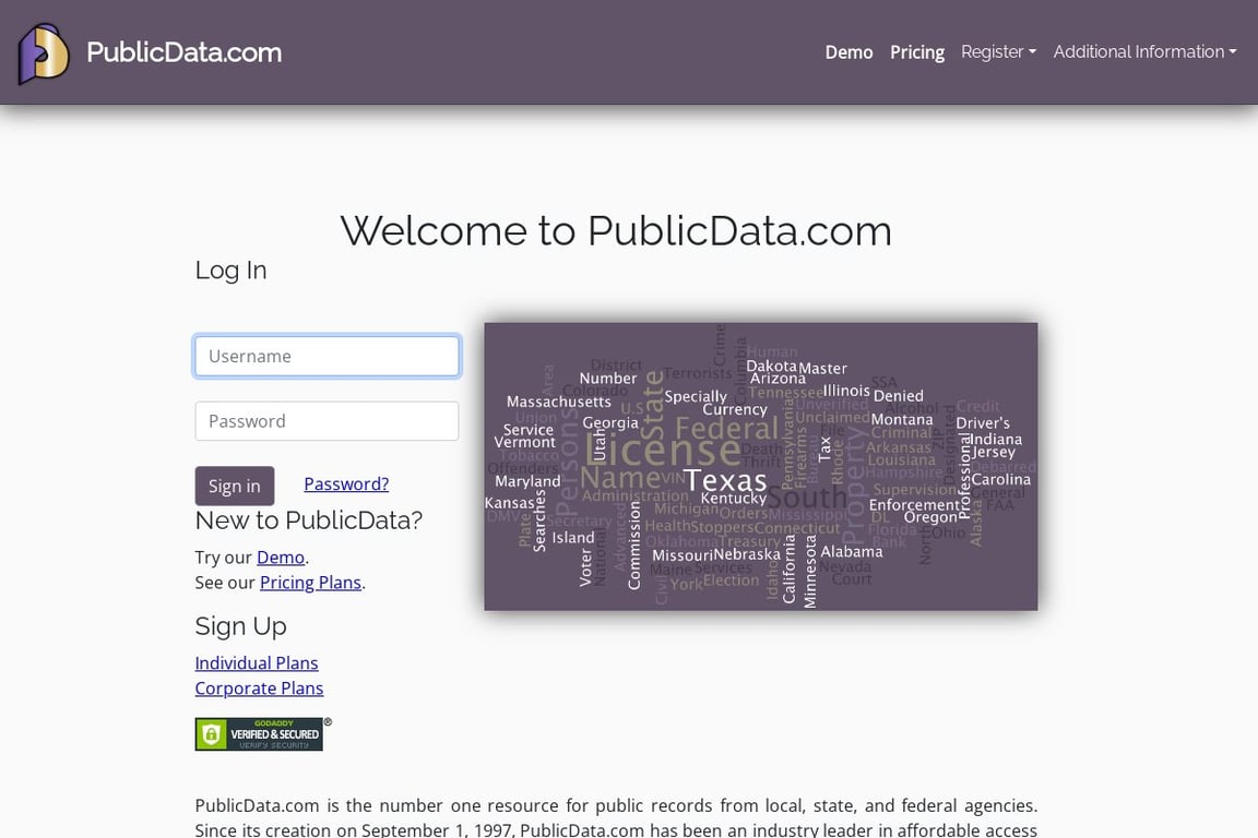 PublicData.com homepage
