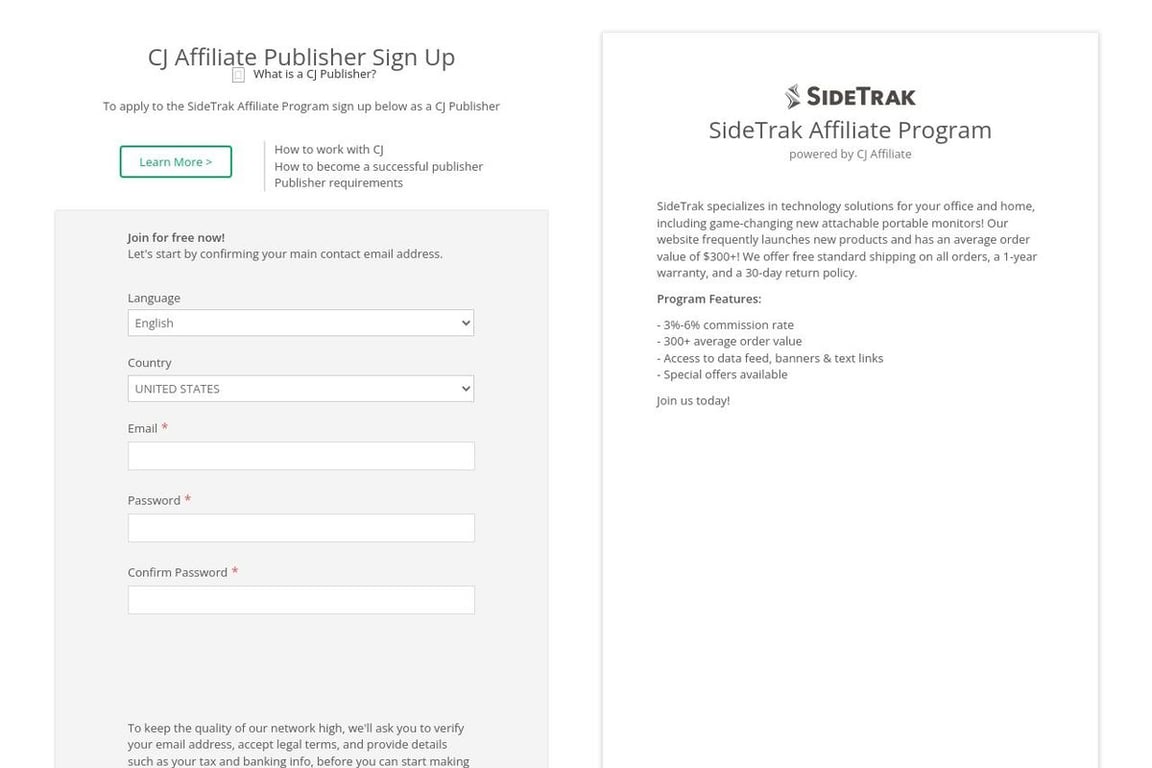 SideTrak affiliate program signup page