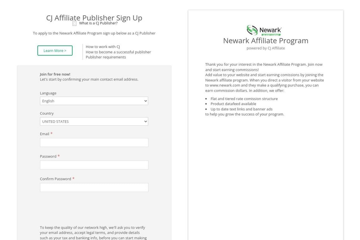 Newark affiliate program signup page