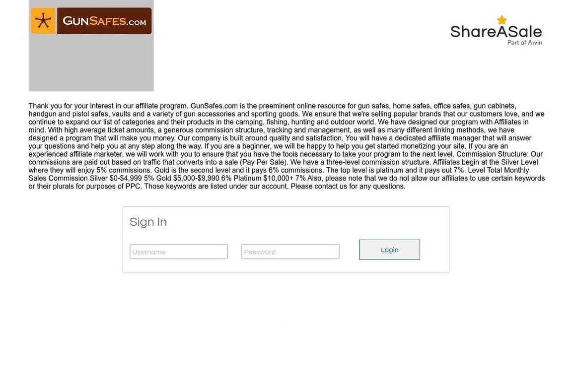 Gun Safes affiliate program signup page