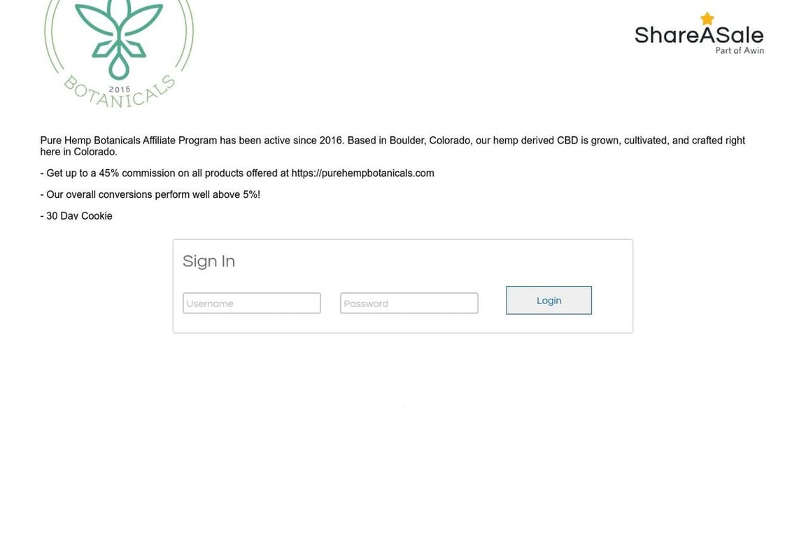 Pure Hemp Botanicals affiliate program signup page