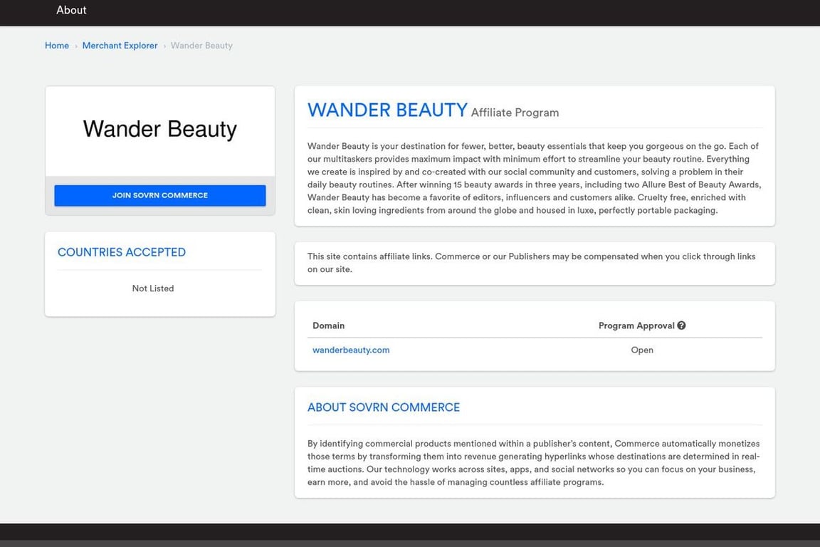 Wander Beauty affiliate program signup page