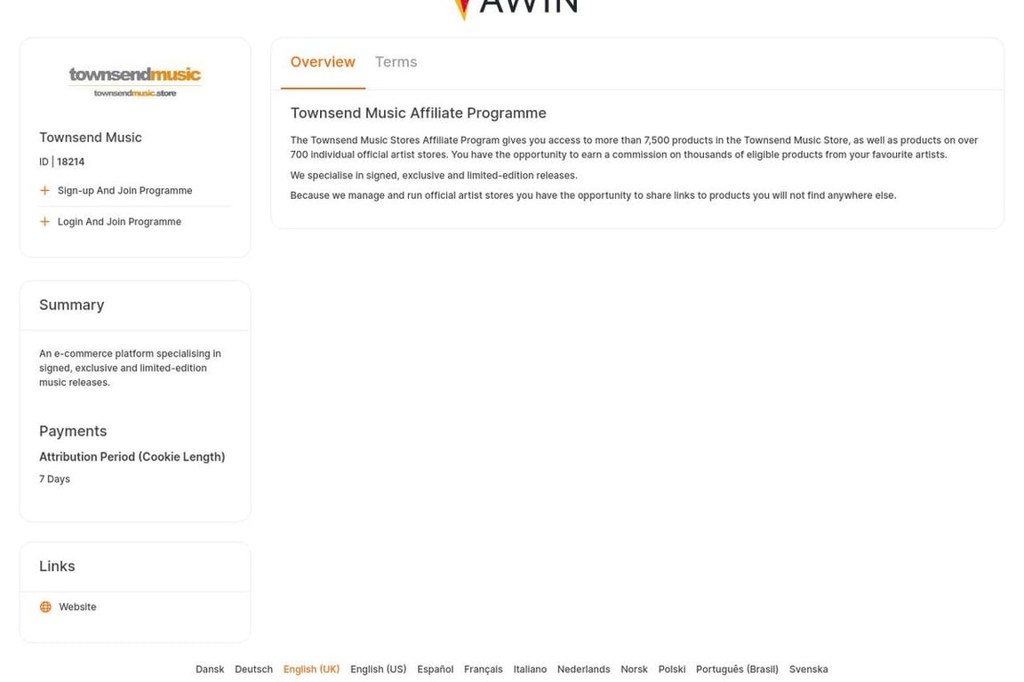 Townsend Music affiliate program signup page