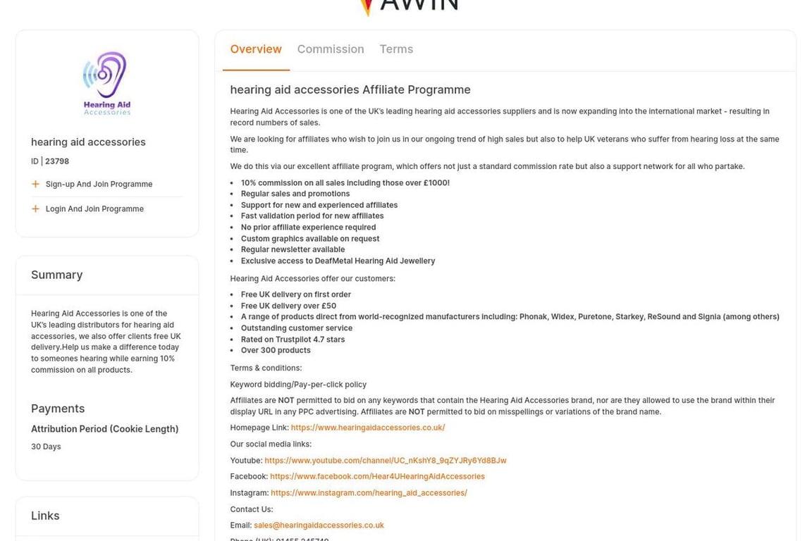Hearing aid accessories affiliate program signup page