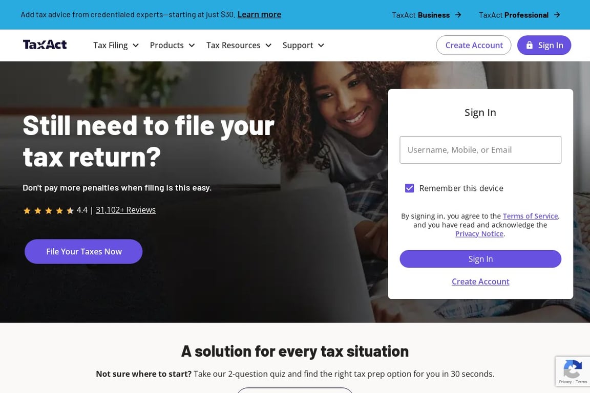 TaxAct homepage