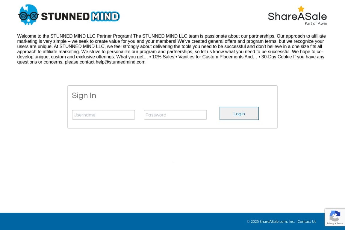 Stunned Mind LLC. affiliate program signup page