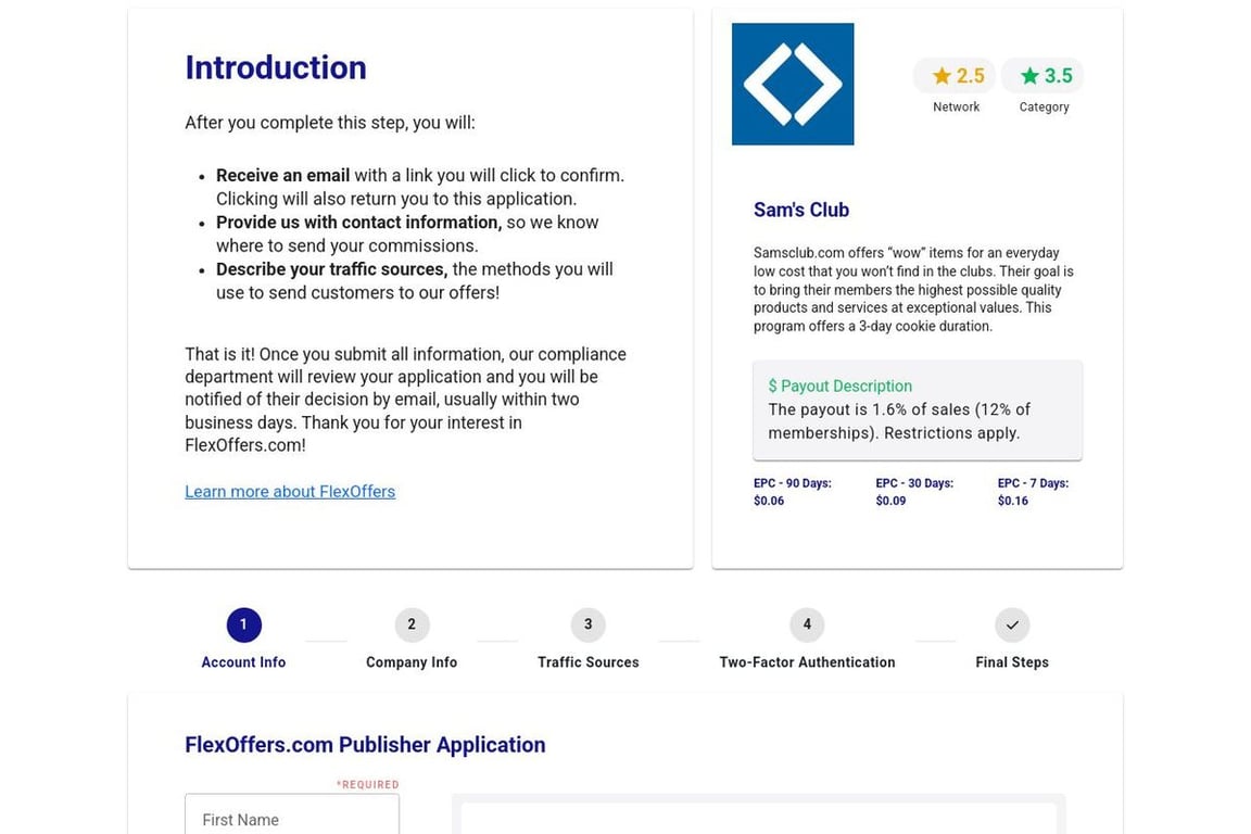 Sam’s Club affiliate program signup page