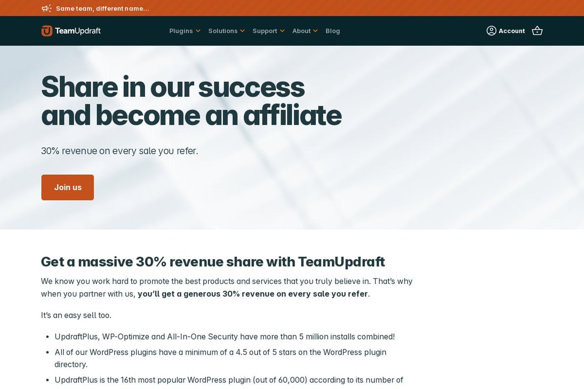 UpdraftPlus affiliate program signup page
