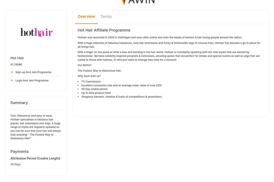 Hot Hair affiliate program signup page