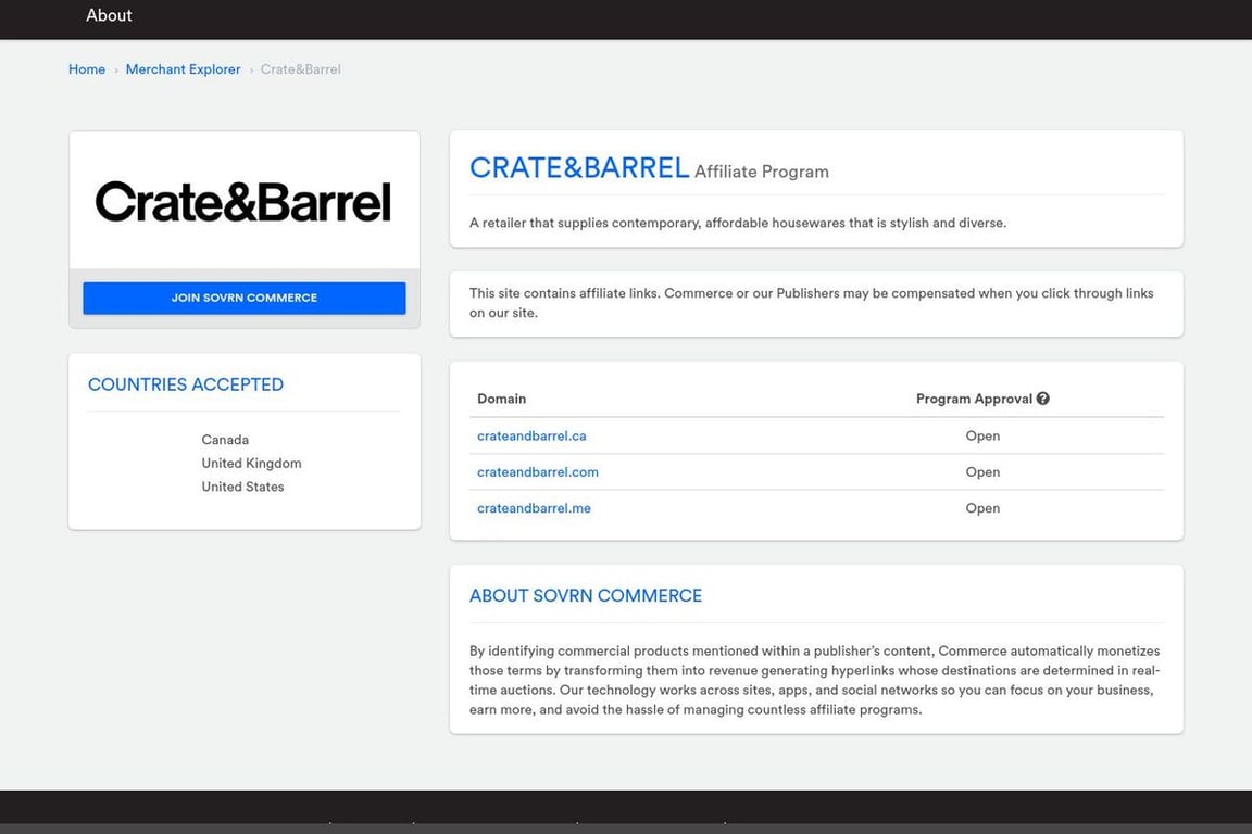 Crate and Barrel affiliate program signup page