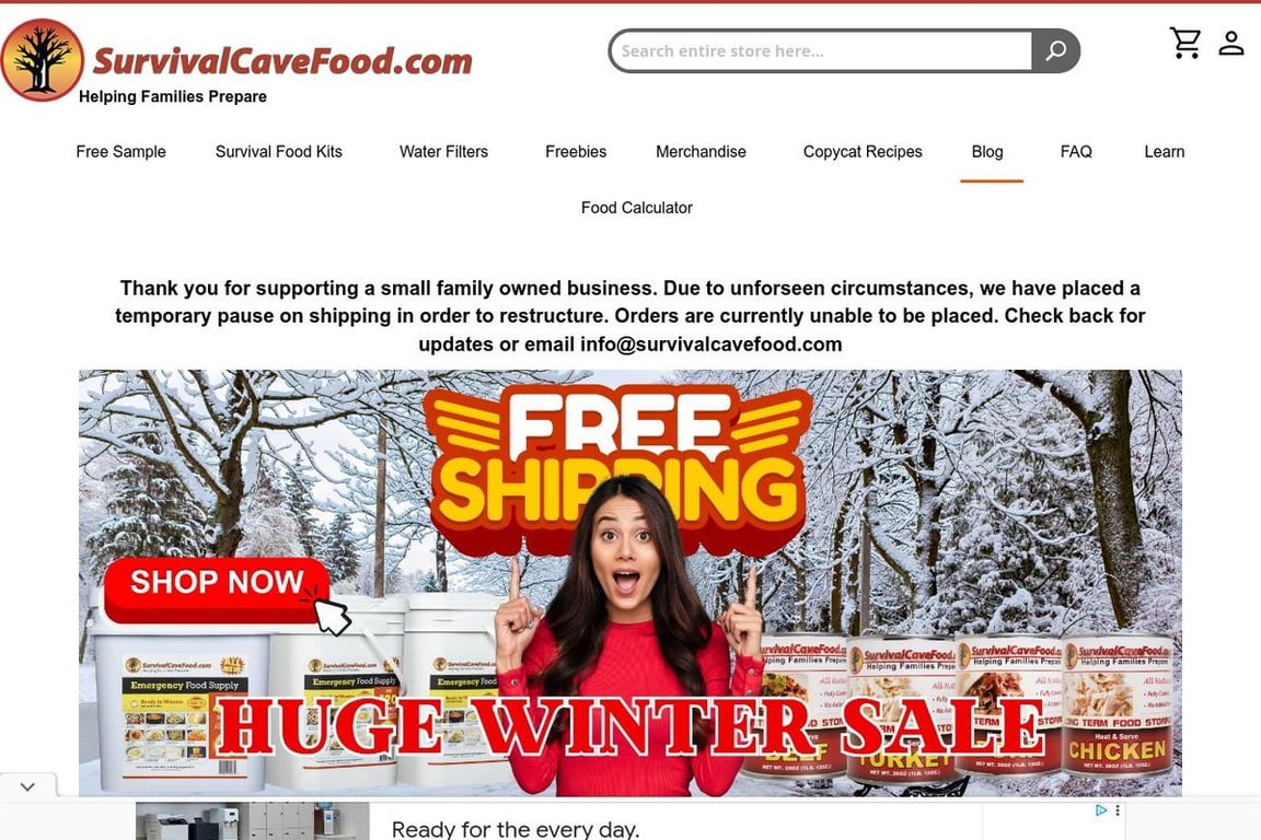 SurvivalCaveFood.com homepage