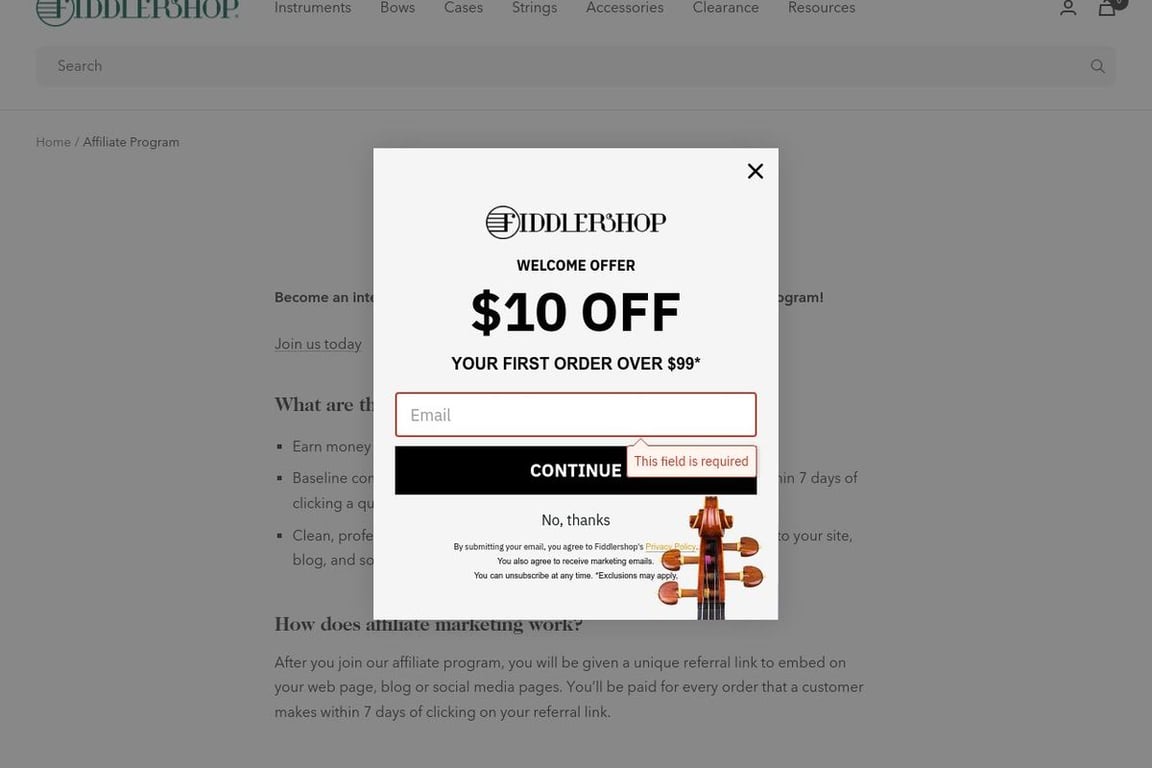 Fiddlershop affiliate program signup page