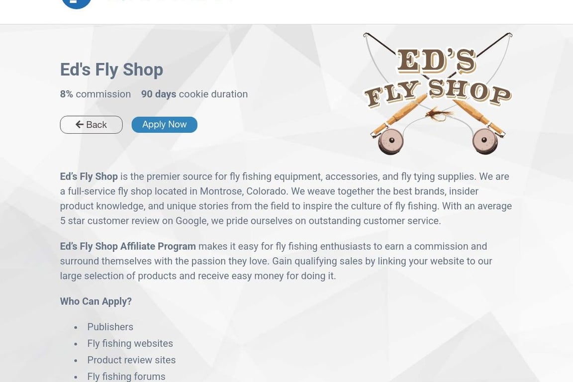 Ed’s Fly Shop affiliate program signup page