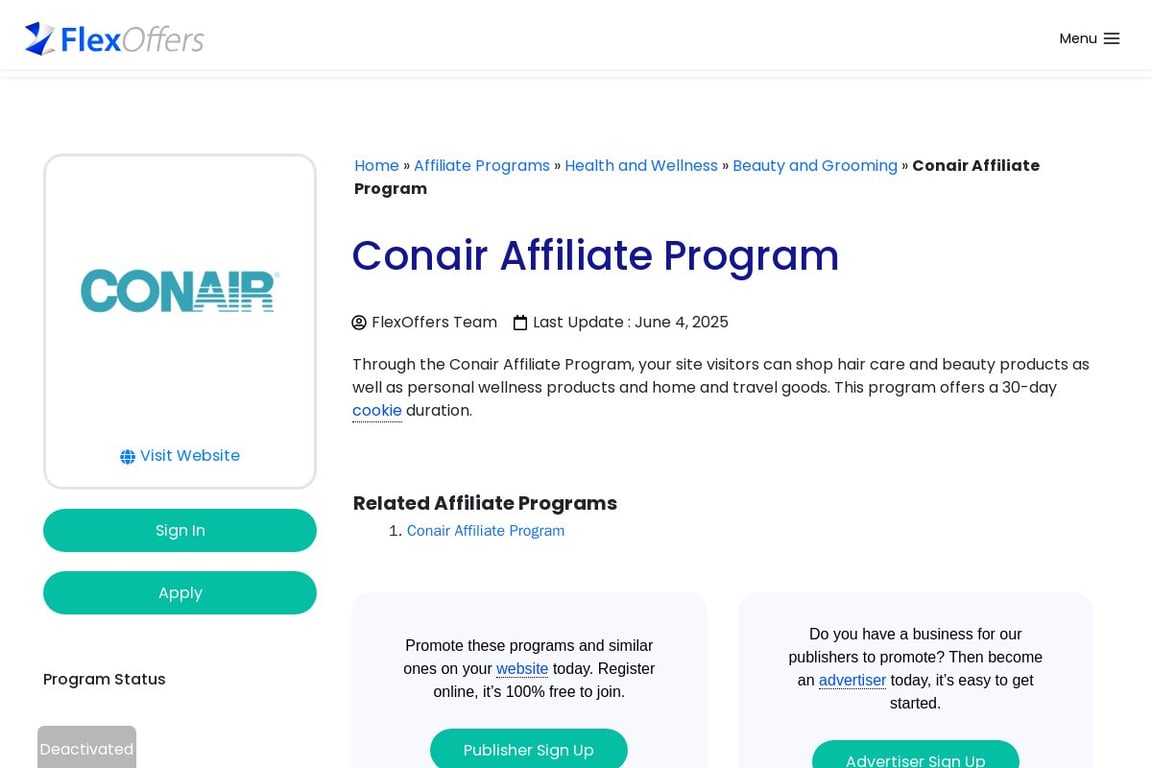 Conair affiliate program signup page