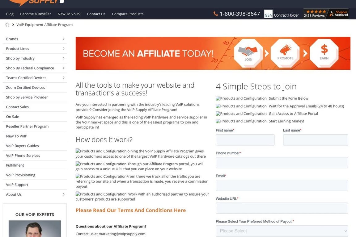 VoIP Supply affiliate program signup page