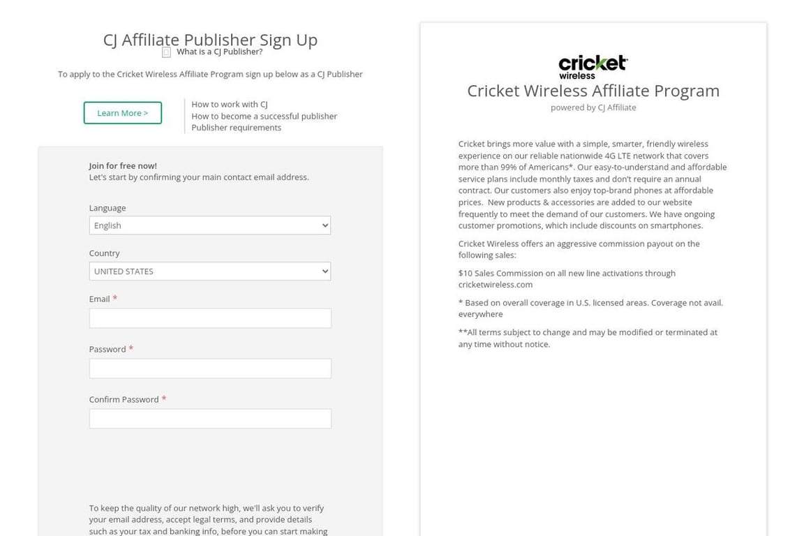 Cricket Wireless affiliate program signup page