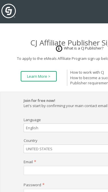 EMeals affiliate program signup page