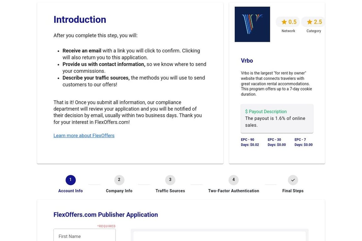 Vrbo affiliate program signup page