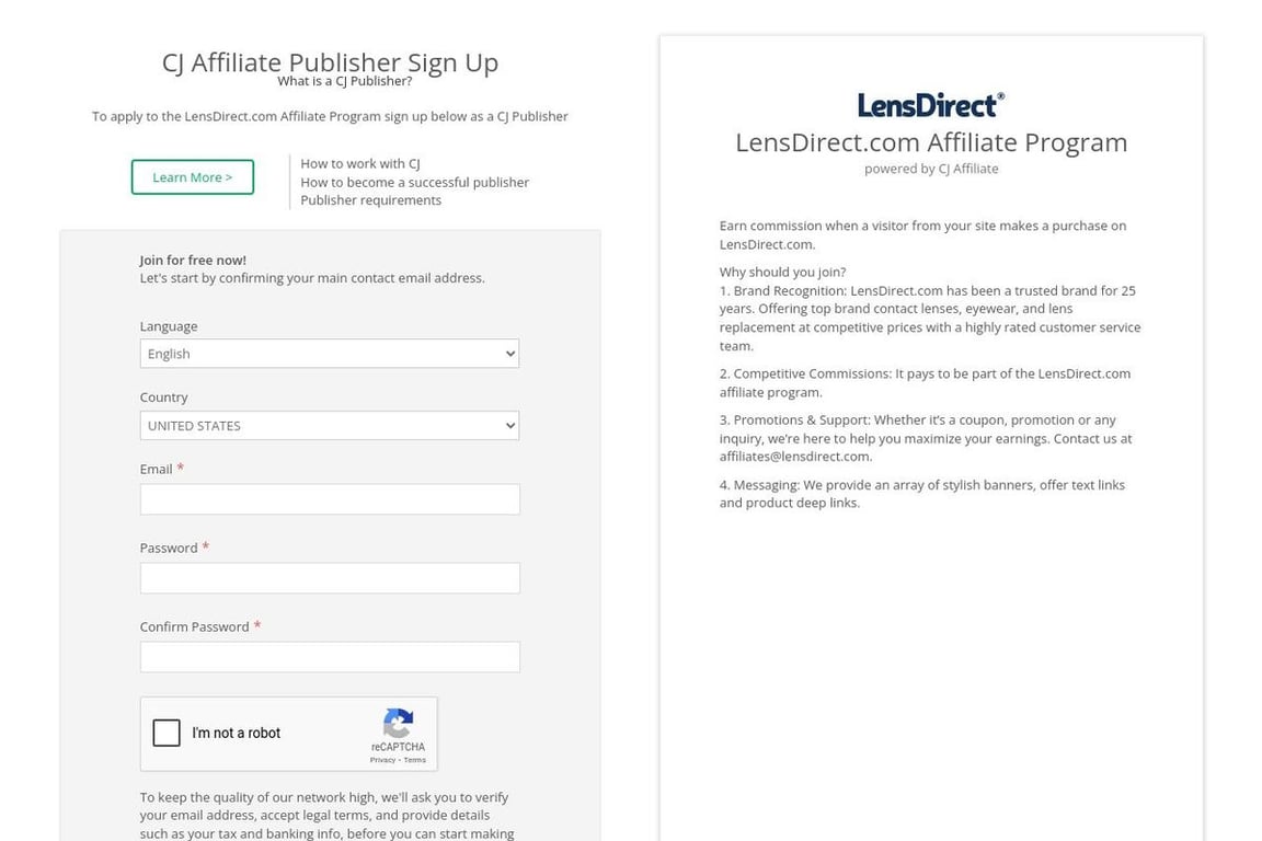 LensDirect.com affiliate program signup page