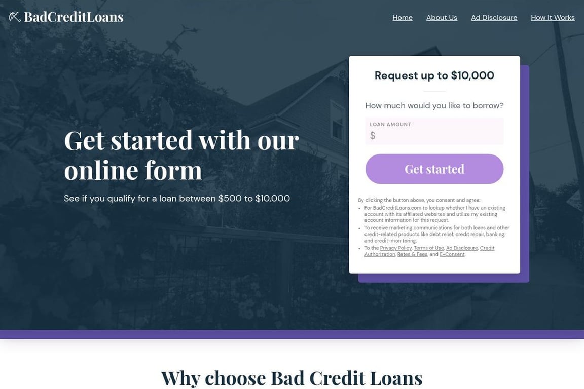 BadCreditLoans.com homepage
