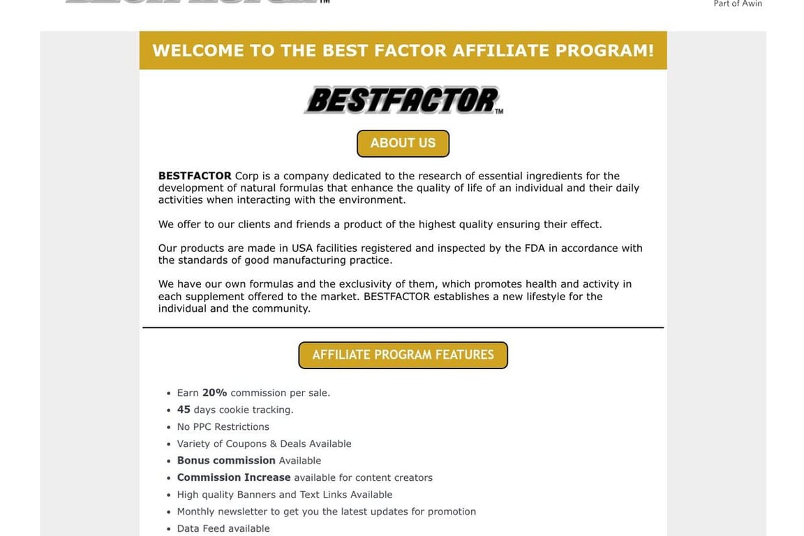 Best Factor Corp affiliate program signup page